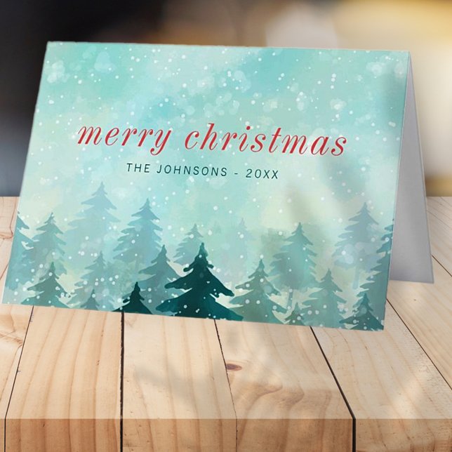 Moderner Weihnachtsschneewald in Aquarellen Feiertagskarte (Von Creator hochgeladen)