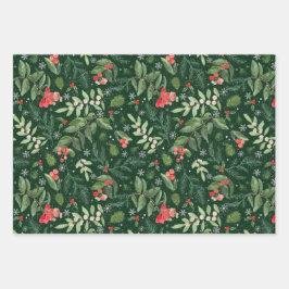 Moderner Weihnachtswald und rustikale Streifen Geschenkpapier Set