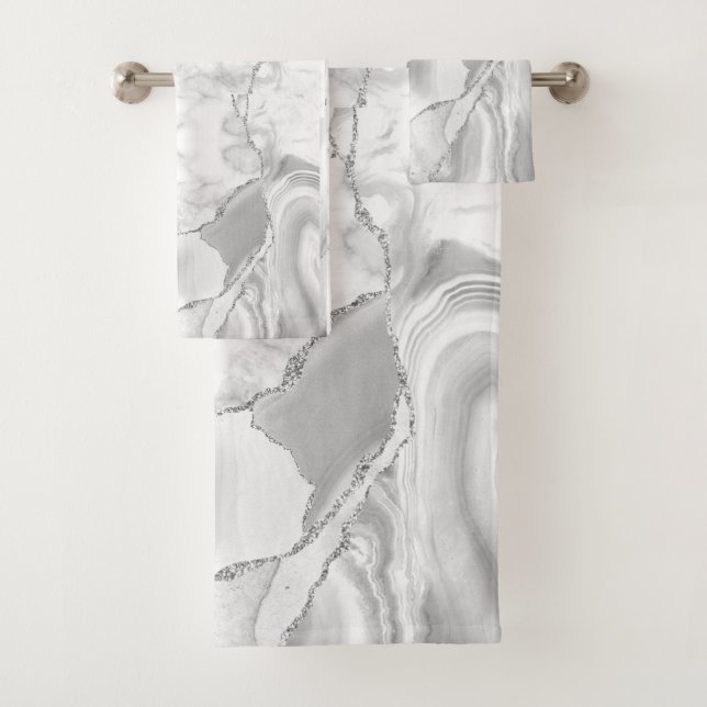 Moderner Weißagate Silver Abstrakter Marmor Badhandtuch Set (Insitu)