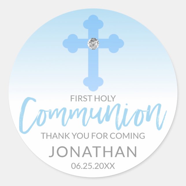 Moderner weißer blauer Quer-KOMMUNION Junge danken Runder Aufkleber (Vorderseite)