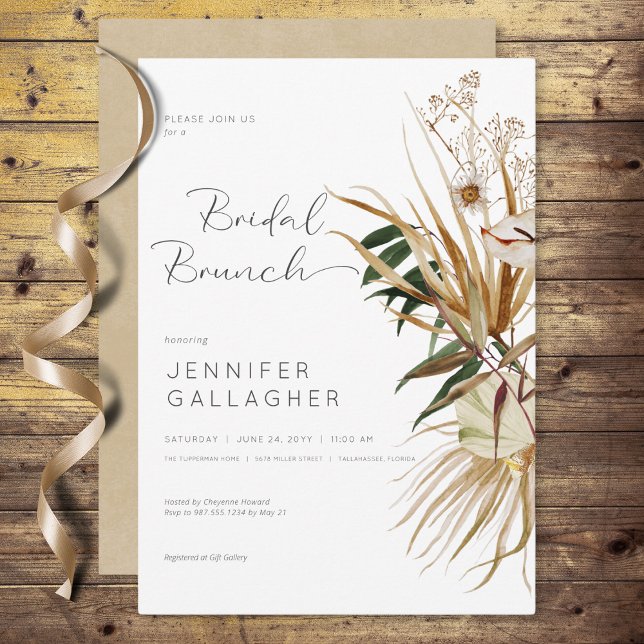 Moderner Weißer Boho getrockneter Blumensteak Einladung (Modern White Boho Dried Floral Bridal Brunch Invitation)