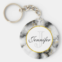 Moderner weißer grauer Marmor mit Goldband-Monogra Schlüsselanhänger