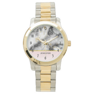 Moderner weißer, grauer Marmor mit goldener Schlei Armbanduhr