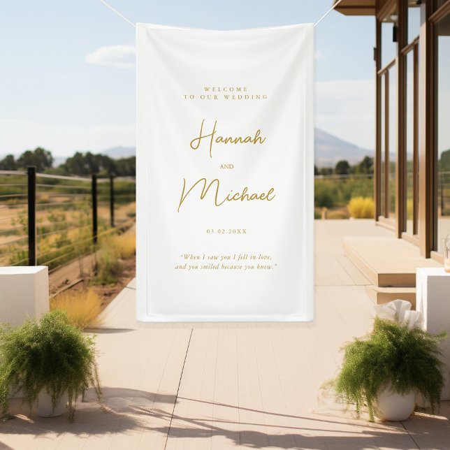 Moderner, weißer, handschriftlicher Schriftart, Be Banner (Elegant, White, Minimal Wedding "Welcome Banner" with your name, date & place for personal words.)