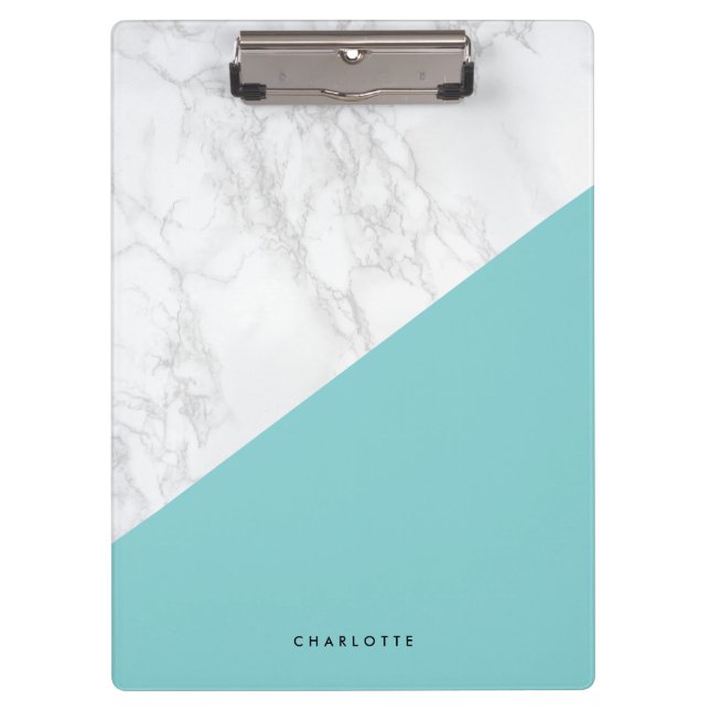 Moderner weißer Marmor mit Aqua Blue Block kundens Klemmbrett (Vorderseite)