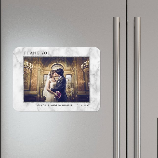 Moderner weißer Marmor Silberner Glitzer Danke Fot Magnet (Von Creator hochgeladen)