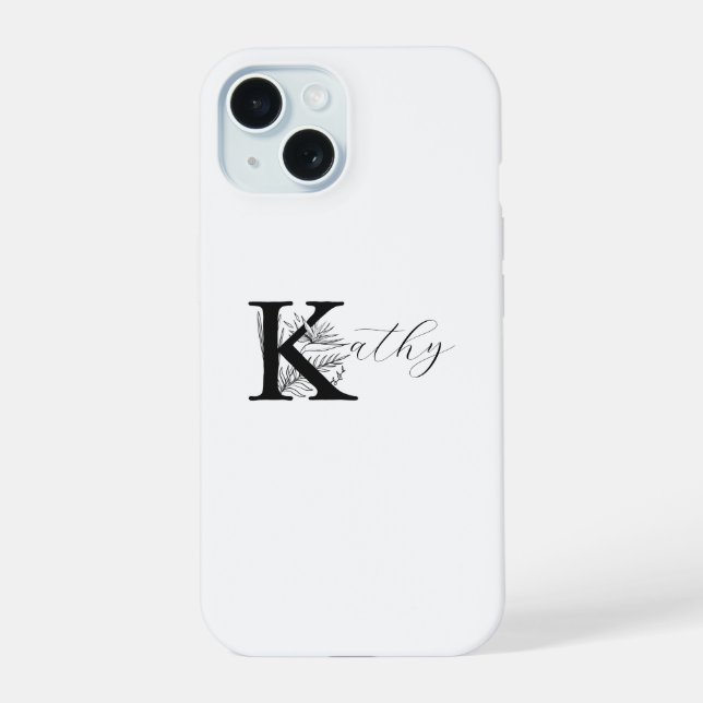 MODERNER WEISSER MONOGRAMM NAME MIT FLORAL K INITI iPhone 15 HÜLLE (Rückseite)