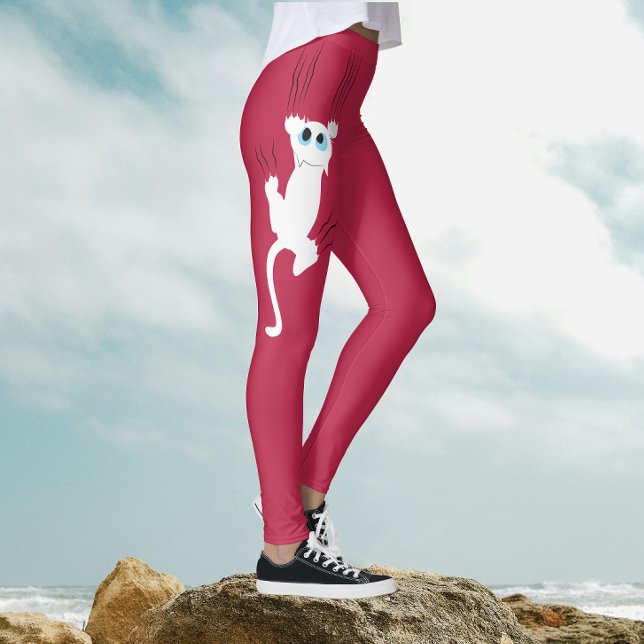 Moderner Whimsical Fun Red White Cat Mama Cartoon Leggings (Von Creator hochgeladen)