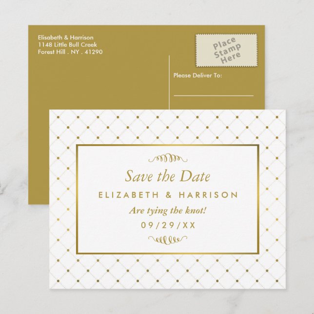 Moderner White & Gold Foil Effekt Save the Date Ankündigungspostkarte (Vorne/Hinten)
