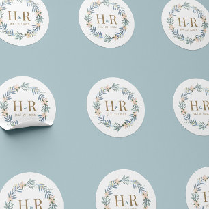 Moderner Wildblumen-Kranz Hochzeits-Monogramm-Aufk Runder Aufkleber