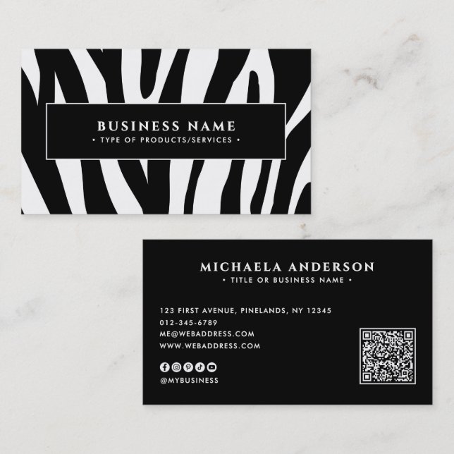 Moderner Zebra Print Black & White QR Code & Socia Visitenkarte (Vorne/Hinten)