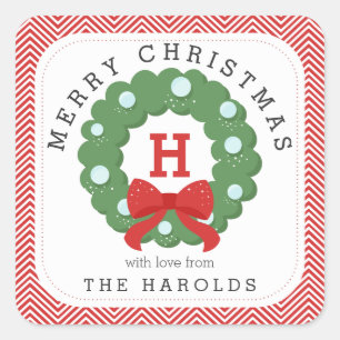 Moderner Zickzack froher Weihnachtskranz Mit Monog Quadratischer Aufkleber