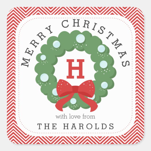 Moderner Zickzack froher Weihnachtskranz Mit Monog Quadratischer Aufkleber (Vorderseite)