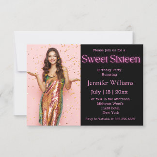 modernes 16 . Geburtstag-Neon-Script-Foto schwarz Einladung