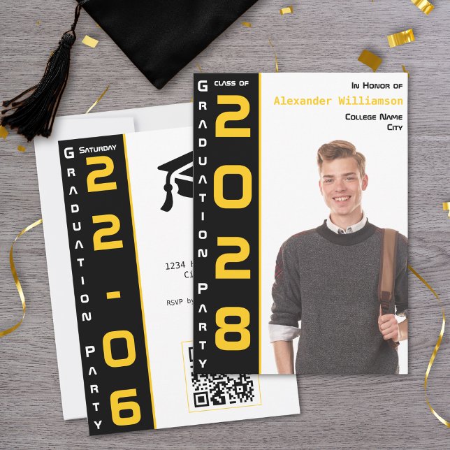 Modernes 1 Foto Gold QR Code Grad Party Einladung (Von Creator hochgeladen)