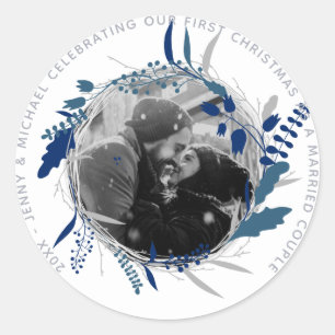 MODERNES 1. JAHR Verlobtes oder Verheiratetes FOTO Runder Aufkleber