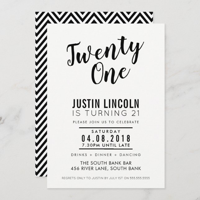 MODERNES 21. Geburtstags-Party INVITE schlicht sch Einladung (Vorne/Hinten)