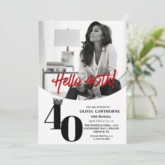 Modernes 2 Foto 40. Geburtstag Schwarz Einladung (Stehend Vorderseite)