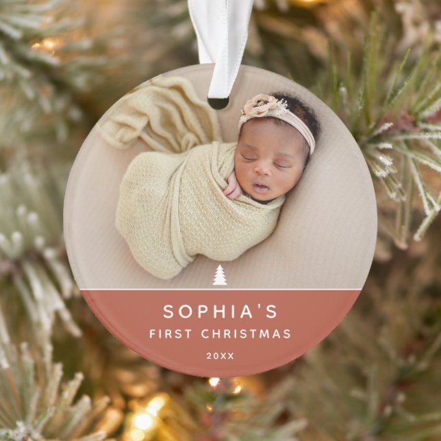 Modernes 2-Foto Baby's First Christmas Acrylic Ornament (Baum)