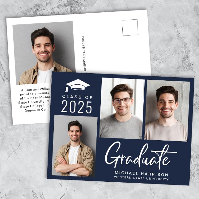 Modernes 3 Foto Bold Script Blue Abschluss Ankündigungspostkarte (Von Creator hochgeladen)