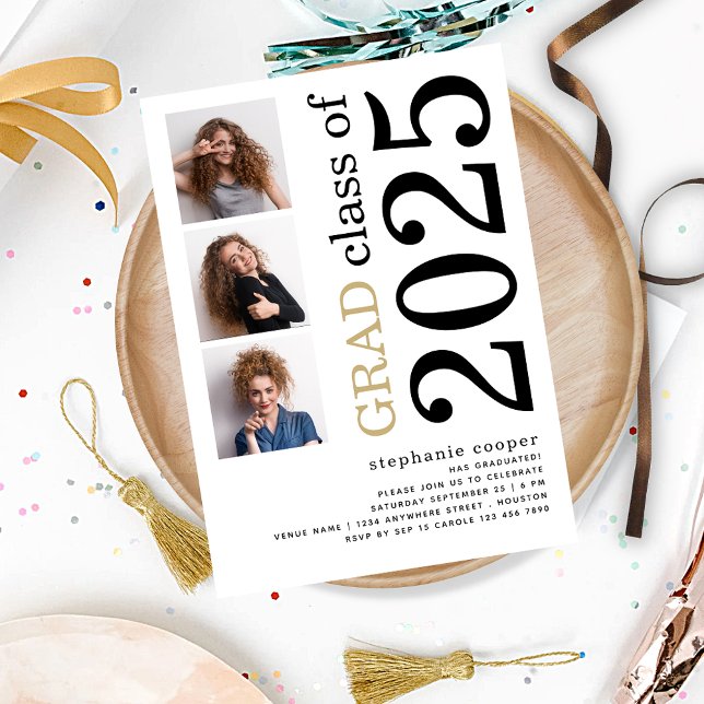 Modernes 3 Foto Fett 2023 Weißer Abschluss Einladung (front view)