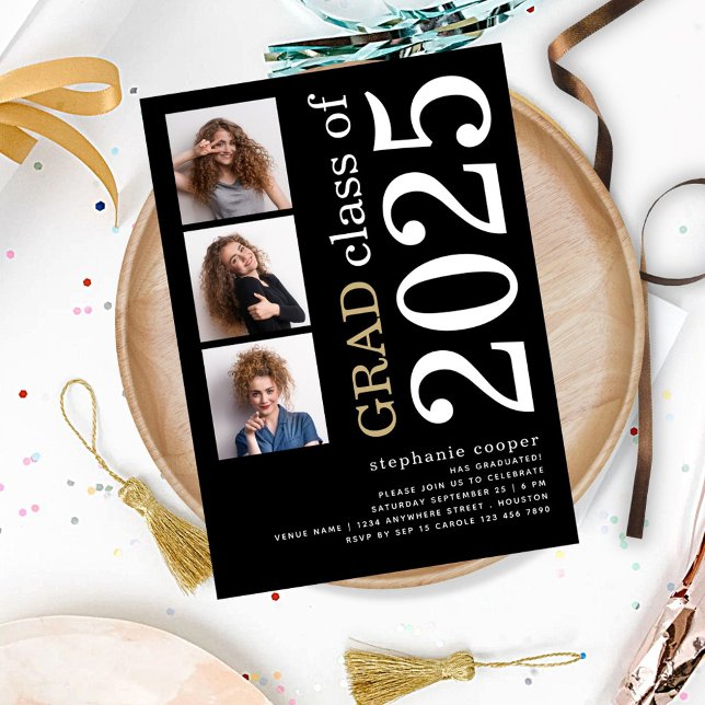 Modernes 3 Foto Fett 2025 Schwarzer Abschluss Einladung (front view)