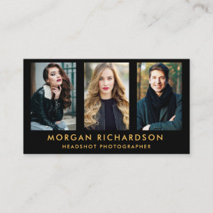 Modernes 3 Foto-Fotograf-Schwarz-Gold Visitenkarte