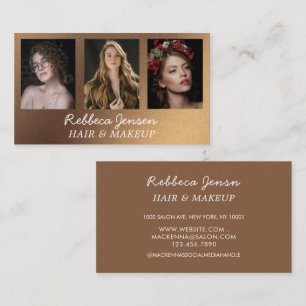 Modernes 3-Foto Hair & Make-up Black and Gold Visitenkarte