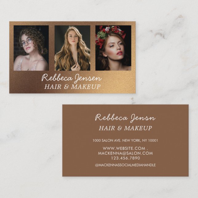 Modernes 3-Foto Hair & Make-up Black and Gold Visitenkarte (Vorne/Hinten)