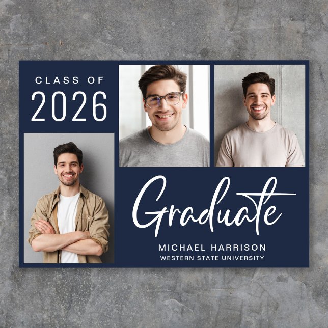 Modernes 3 Foto Script Blue Abschluss Ankündigung (Cherish the milestone: share your graduate's achievement with a custom photo graduation announcement)