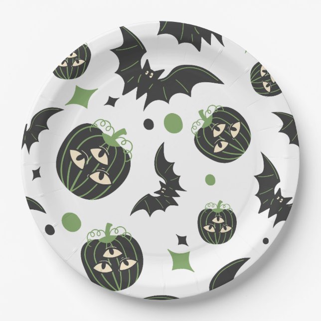 Modernes, 3-Mit Augen Kürbiskuchen und Fledermäuse Pappteller (Vorderseite)