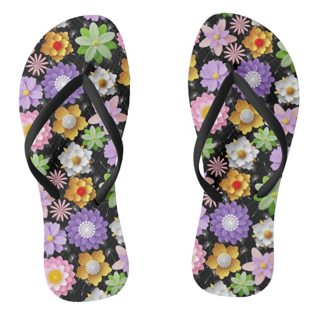 Modernes 3D-farbiges Blumenmuster 03x4 Schwarz BG Flip Flops (Fußbett)