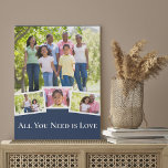 Modernes 4-Foto Collage Blue mit weißer Typografie Künstlicher Leinwanddruck<br><div class="desc">Entwerfen Sie Ihre eigenen Foto-Collage-Leinwand mit vier Ihrer Lieblings-Familie-Fotos oder Bilder Ihrer Kinder, Haustiere etc. Dieses Multi-Bild-Design wird automatisch erstellt, wenn Sie Ihre Bilder hinzufügen, und hat ein Foto, leicht überlagert mit 3 kleineren Fotos. Die Formulierung lautet "Alles, was Sie brauchen, ist Liebe" in weißer, moderner Typografie und ist Set...</div>