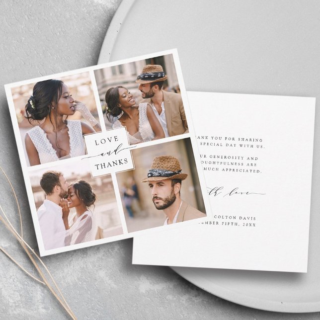 Modernes 4-Foto Collage Wedding Square Dankeskarte (Front & Back)