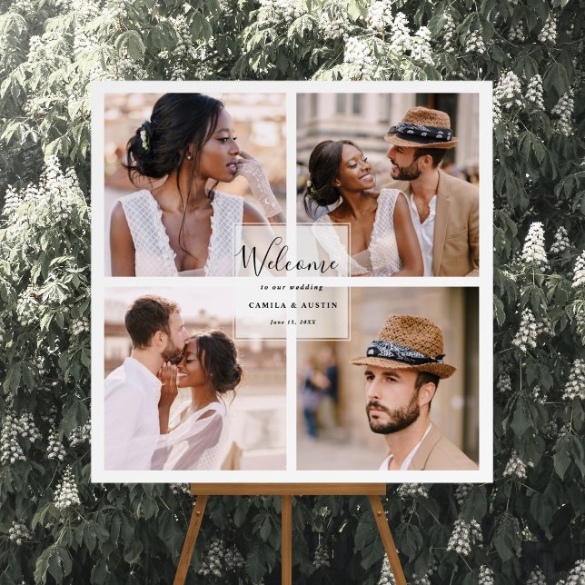 Modernes 4 Foto Collage Wedding Welcome Square Zei Poster (Von Creator hochgeladen)