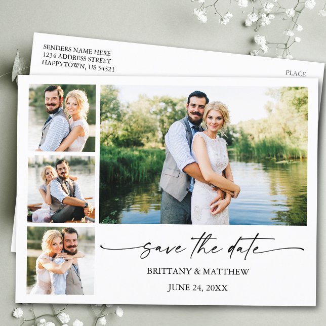 Modernes 4 Foto Tintenstift Save the Date Postkarte (Customize to change your personalized text size or text style.)