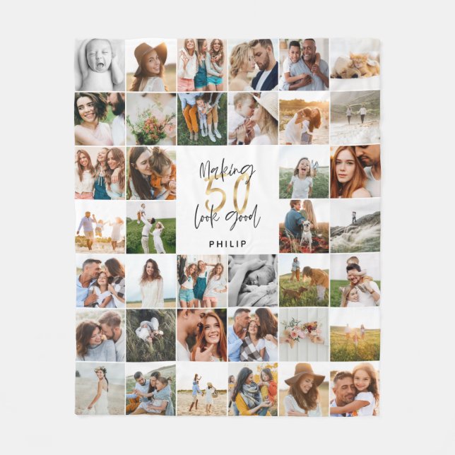 Modernes 50. Geburtstag Multi-Foto-Script-Geschenk Fleecedecke (Vorderseite)