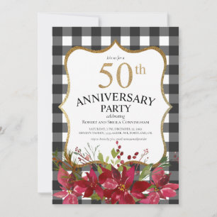Modernes 50-jähriges Buffalo Kariert Red Floral Einladung