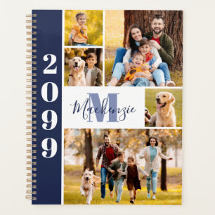 Modernes 5-Foto Collage Monogram Name Navy Blue Planer