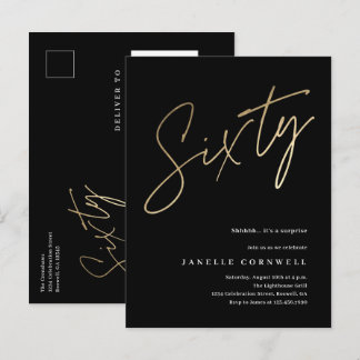 Modernes 60. Geburtstag elegantes schwarzes & gold Einladungspostkarte