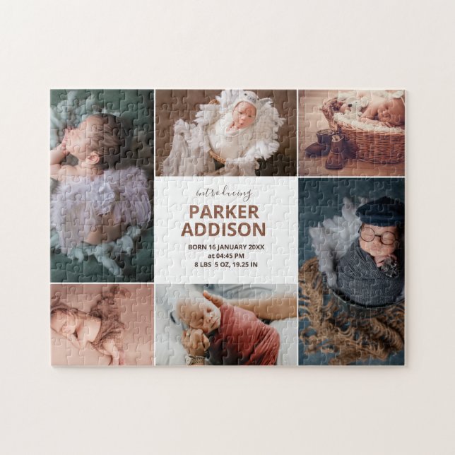 Modernes 6 Foto Collage Grid Neugeborenes Baby Bir Puzzle (Horizontal)