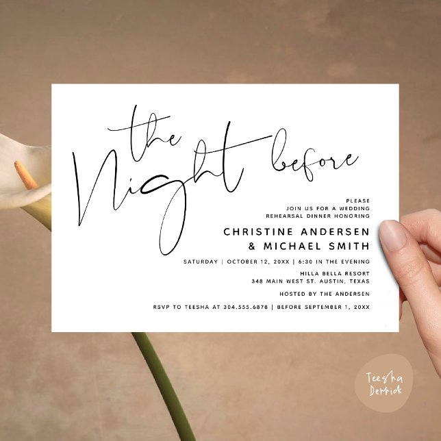 Modernes Abendessen bei Hochzeit, Probe vorbei Einladung (Modern Wedding Rehearsal Dinner, The Night Before Invitation Card Minimalist Beautiful White Black)