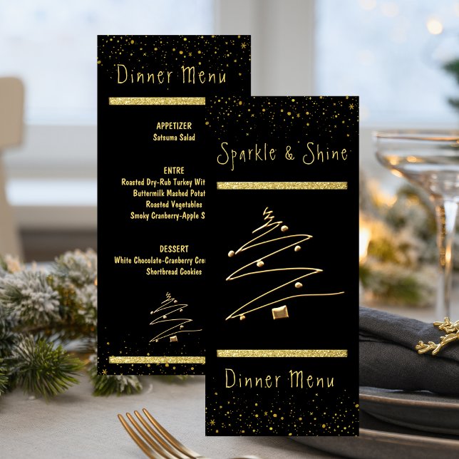 Modernes Abendessen in Gold und Schwarz Menükarte (Gold and Black Modern Holiday Dinner Menu)