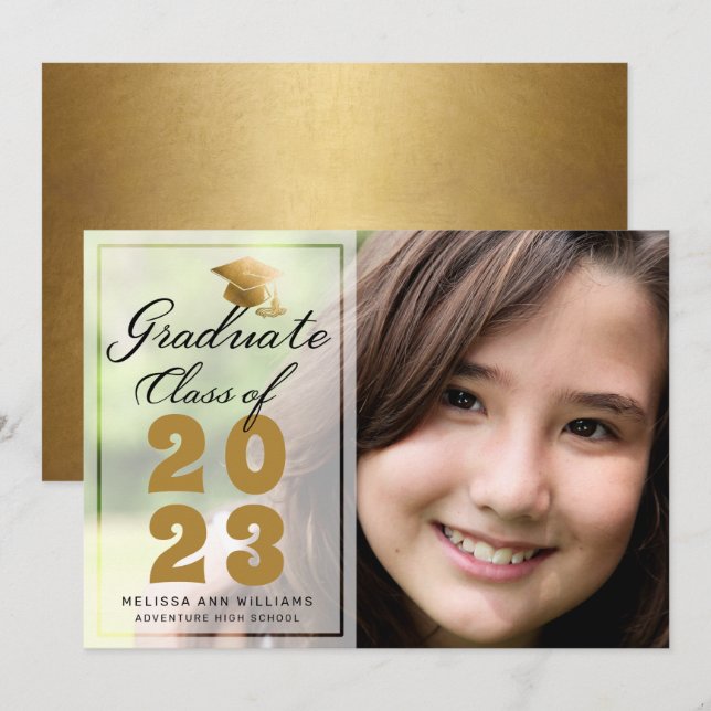 Modernes Abschluss Foto Gold Black Script 2023 Ankündigung (Vorne/Hinten)