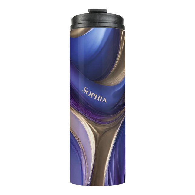 Modernes Abstrakt-Blau, Lila und Gold Thermosbecher (Vorderseite)