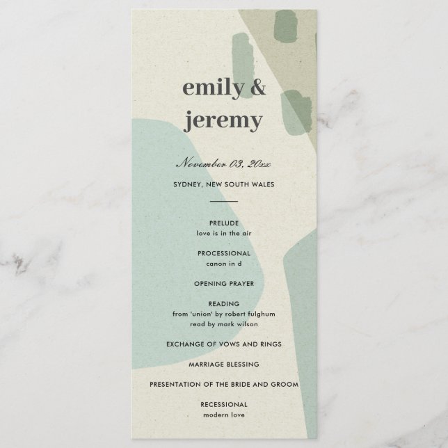 MODERNES ABSTRAKTES AQUA ART WEDING CEREMONY PROGR MENÜKARTE (Vorderseite)