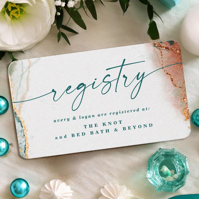 Modernes Abstraktes Aquamarin- und Kupferhochzeitr Begleitkarte (Elegant Teal and Copper Wedding Registry Enclosure Cards)
