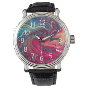 Modernes Abstraktes Blau- und Rot-Flüssig-Marmor- Armbanduhr