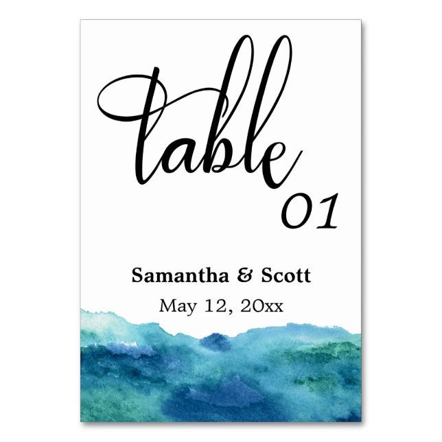 Modernes Abstraktes blaues Aqua Tischnummer (Vorderseite)