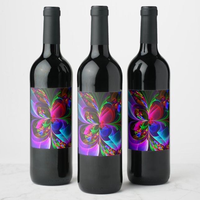 Modernes Abstraktes Blumenmuster Red Blue #12 Weinetikett (Flaschen)